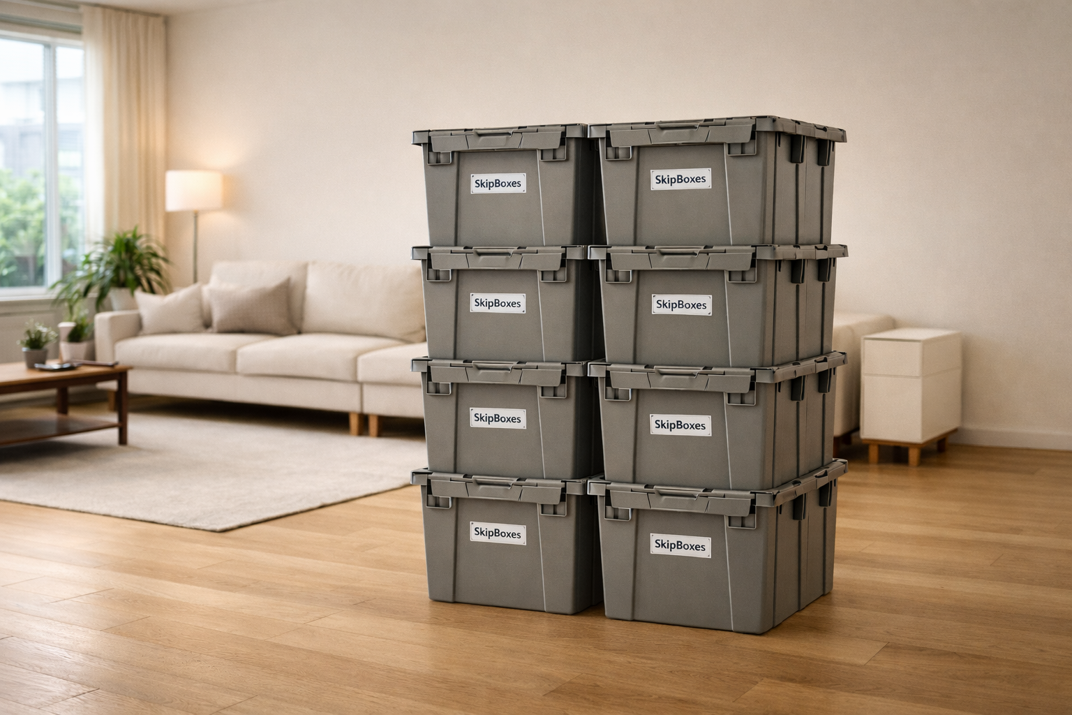 Clean, organized apartment after moving in with SkipBoxes reusable bins